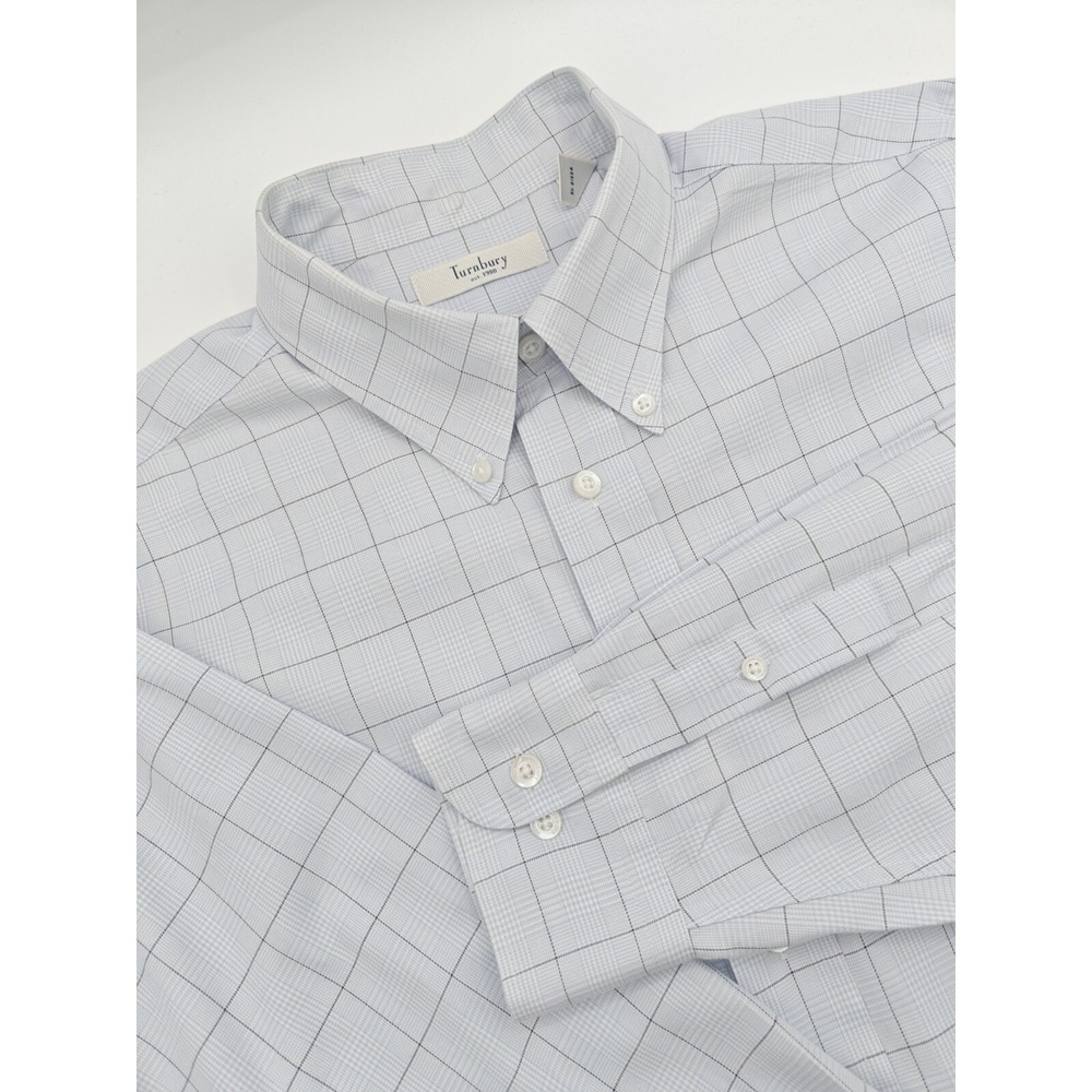 Turnbury Mens L 16.5x33 Blue Check Cotton Button Down Dress Shirt